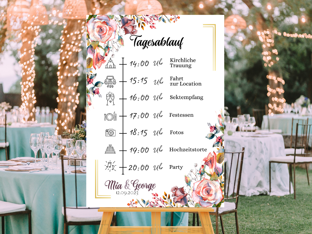 Tagesablauf für Hochzeit Leinwand, Poster . Boho , Rosa Blumen SOPHIE