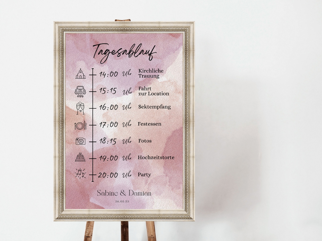 Tagesablauf für Hochzeit Leinwand, Poster . Glamour , rosa EMILY