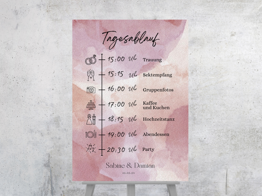 Tagesablauf für Hochzeit Leinwand, Poster . Glamour , rosa EMILY