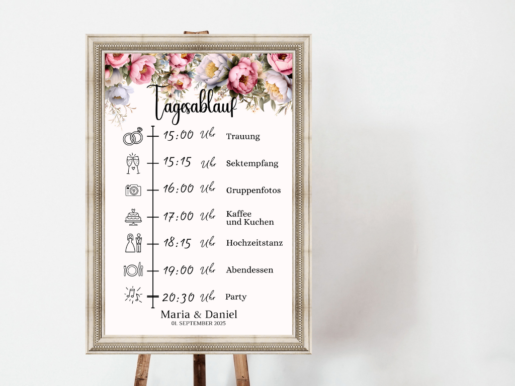 Tagesablauf für Hochzeit Leinwand, Poster . Rote Blumen Boho KATRIN