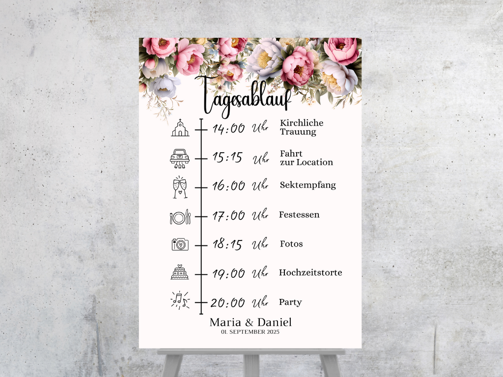 Tagesablauf für Hochzeit Leinwand, Poster . Rote Blumen Boho KATRIN
