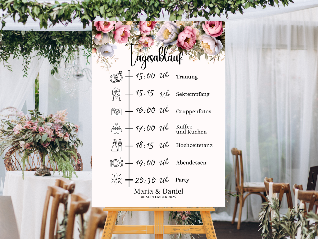 Tagesablauf für Hochzeit Leinwand, Poster . Rote Blumen Boho KATRIN
