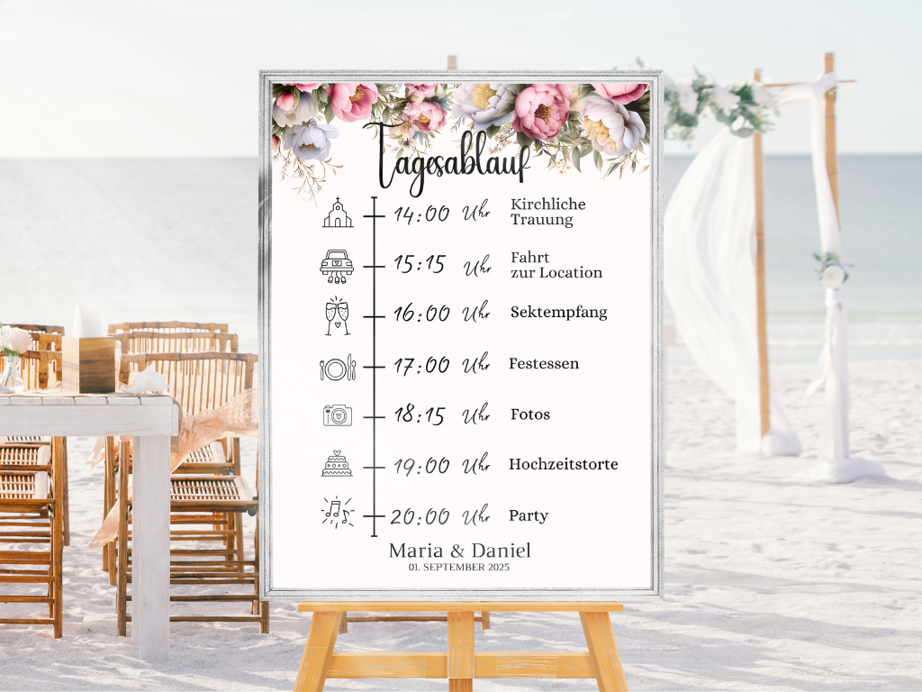 Tagesablauf für Hochzeit Leinwand, Poster . Rote Blumen Boho KATRIN