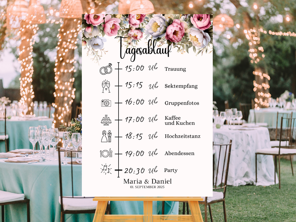 Tagesablauf für Hochzeit Leinwand, Poster . Rote Blumen Boho KATRIN