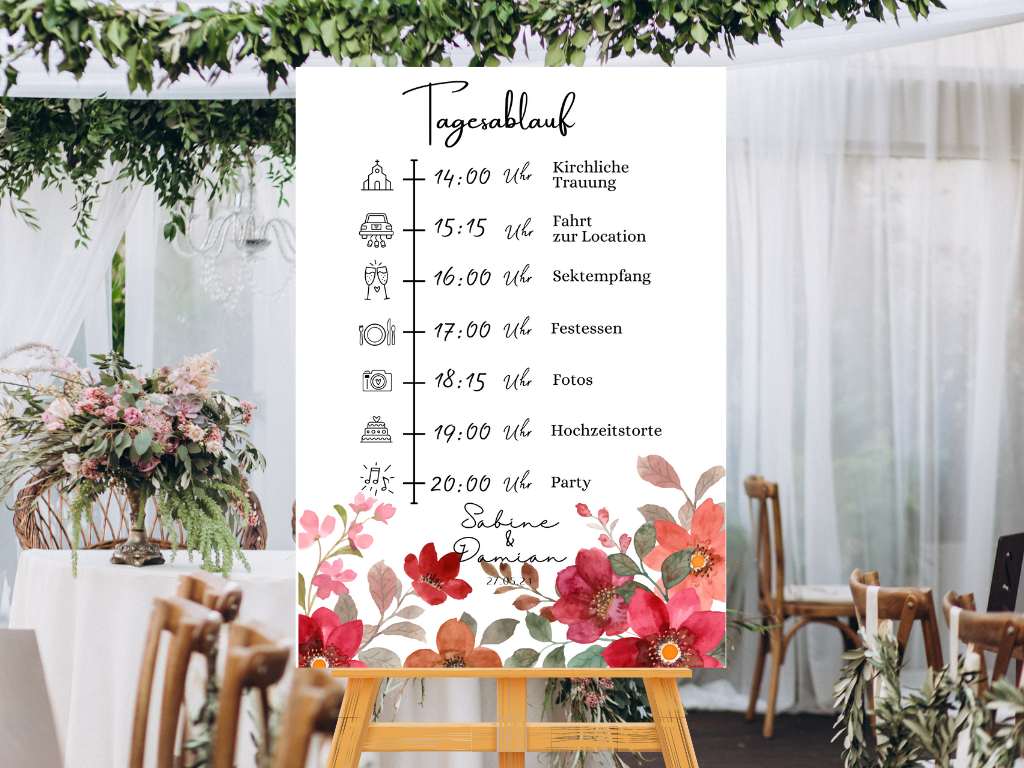 Tagesablauf für Hochzeit Leinwand, Poster . Bunte Blumen , Rot , Vintage NATALIE