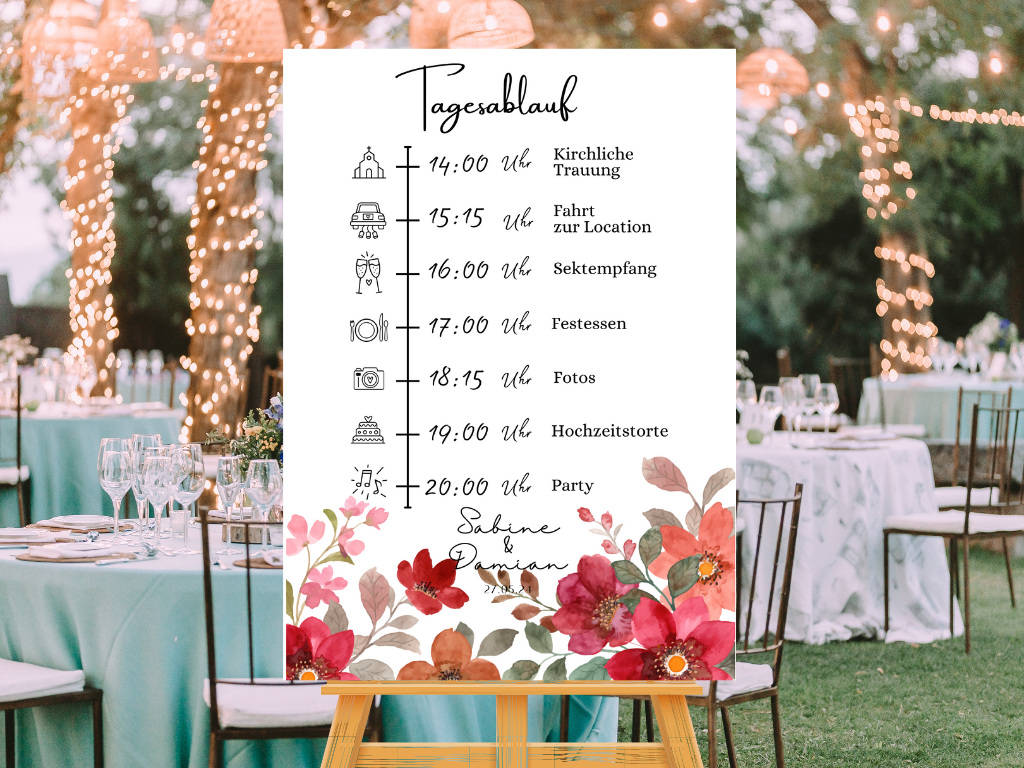 Tagesablauf für Hochzeit Leinwand, Poster . Bunte Blumen , Rot , Vintage NATALIE
