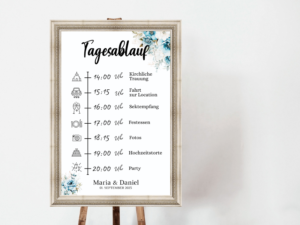Tagesablauf für Hochzeit Leinwand, Poster . Strand Hochzeit , Marine , Blaue Blumen ALICE