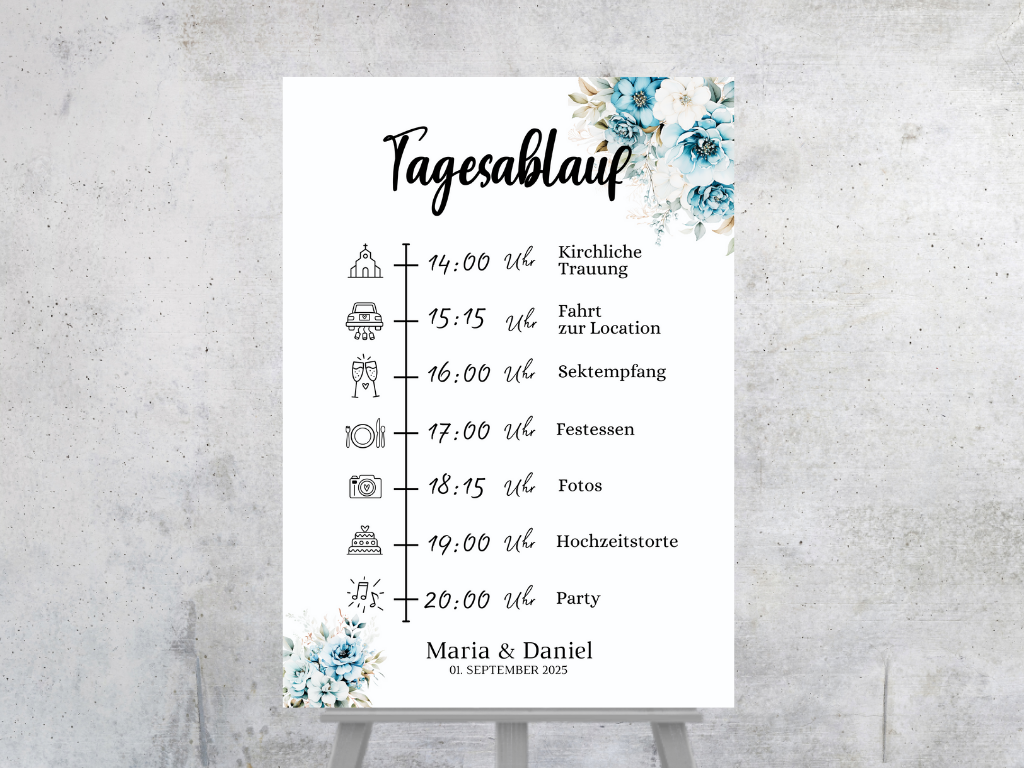 Tagesablauf für Hochzeit Leinwand, Poster . Strand Hochzeit , Marine , Blaue Blumen ALICE
