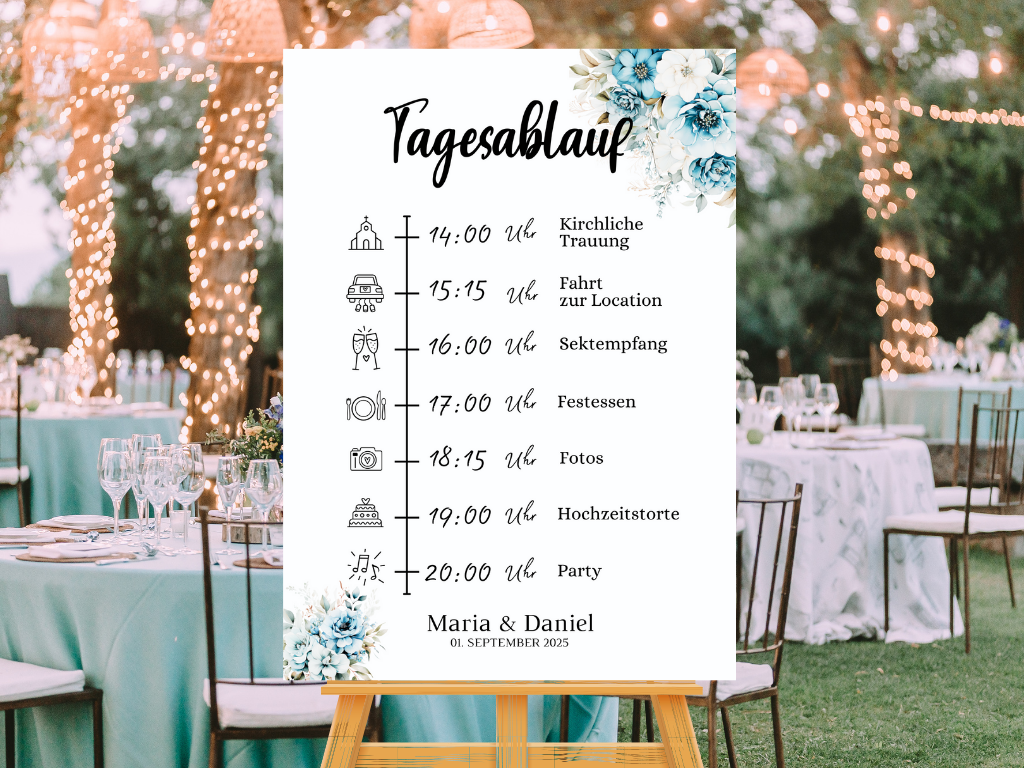 Tagesablauf für Hochzeit Leinwand, Poster . Strand Hochzeit , Marine , Blaue Blumen ALICE