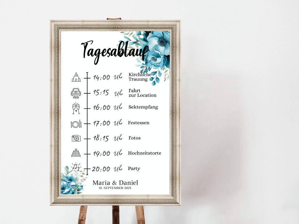 Tagesablauf für Hochzeit Leinwand, Poster . Strand Hochzeit , Marine , Blaue Blumen LINDA