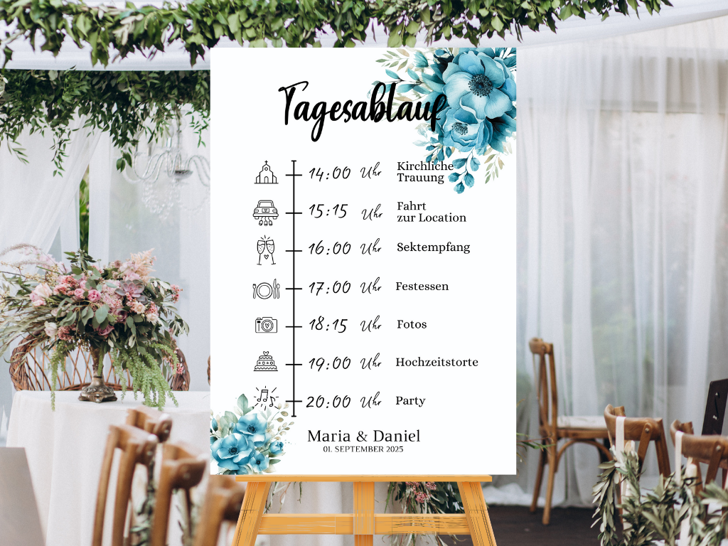 Tagesablauf für Hochzeit Leinwand, Poster . Strand Hochzeit , Marine , Blaue Blumen LINDA