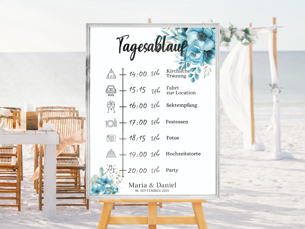Tagesablauf für Hochzeit Leinwand, Poster . Strand Hochzeit , Marine , Blaue Blumen LINDA