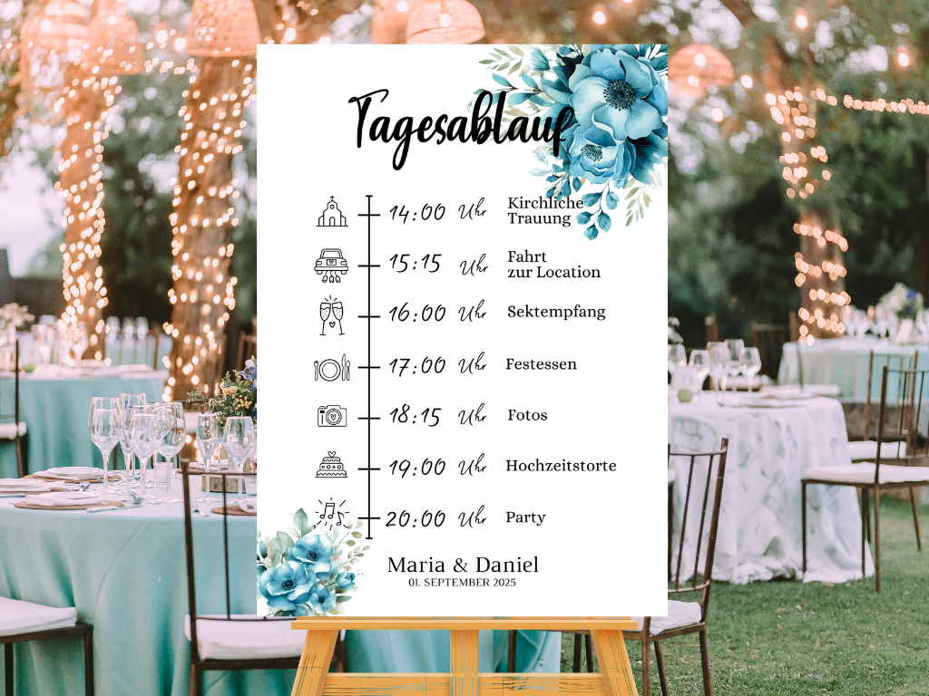 Tagesablauf für Hochzeit Leinwand, Poster . Strand Hochzeit , Marine , Blaue Blumen LINDA