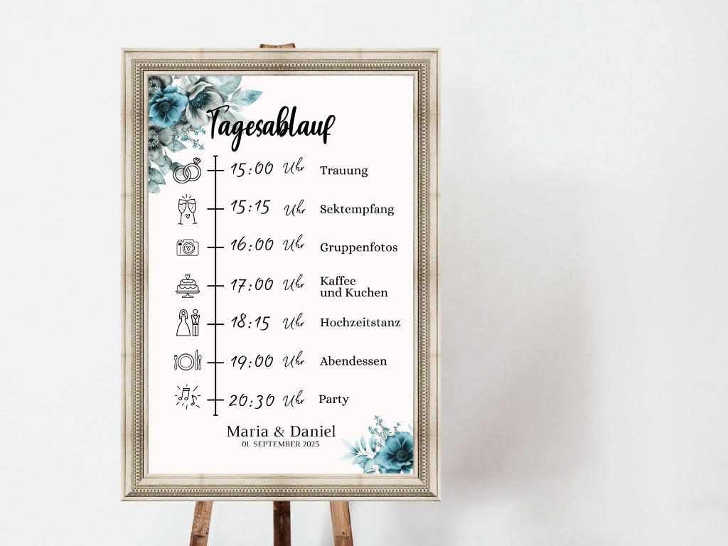 Tagesablauf für Hochzeit Leinwand, Poster . Strand Hochzeit , Marine , Blaue Blumen MILA