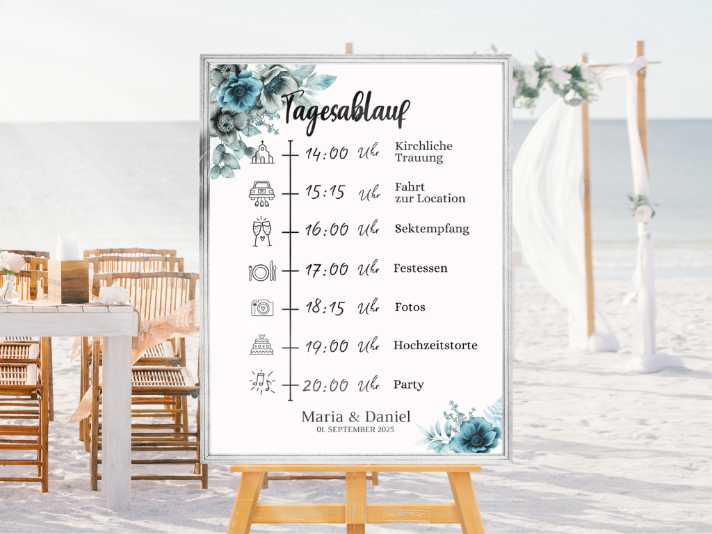 Tagesablauf für Hochzeit Leinwand, Poster . Strand Hochzeit , Marine , Blaue Blumen MILA
