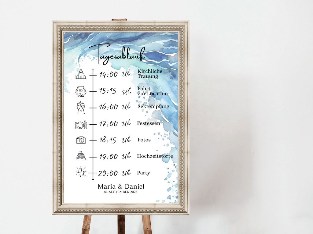 Tagesablauf für Hochzeit Leinwand, Poster . Strand Hochzeit , Meer Motiv , Vintage EMMA