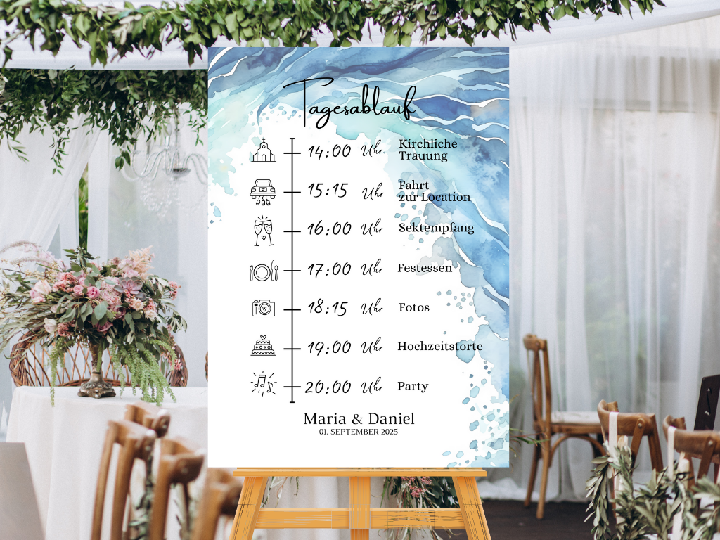 Tagesablauf für Hochzeit Leinwand, Poster . Strand Hochzeit , Meer Motiv , Vintage EMMA
