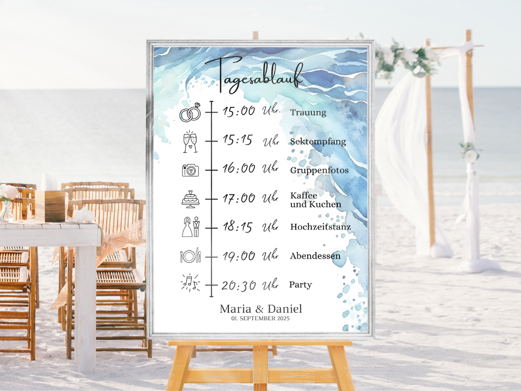 Tagesablauf für Hochzeit Leinwand, Poster . Strand Hochzeit , Meer Motiv , Vintage EMMA