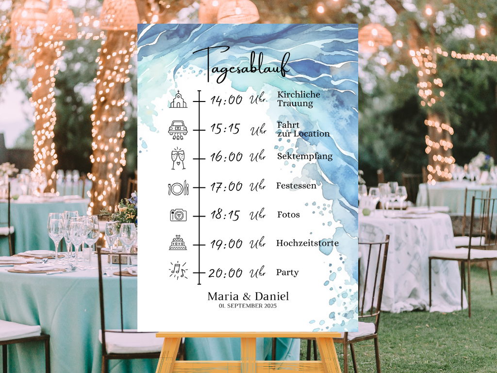Tagesablauf für Hochzeit Leinwand, Poster . Strand Hochzeit , Meer Motiv , Vintage EMMA