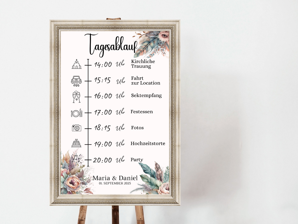 Tagesablauf für Hochzeit Leinwand, Poster . Trockenblumen , Boho Strand Hochzeit DIANA