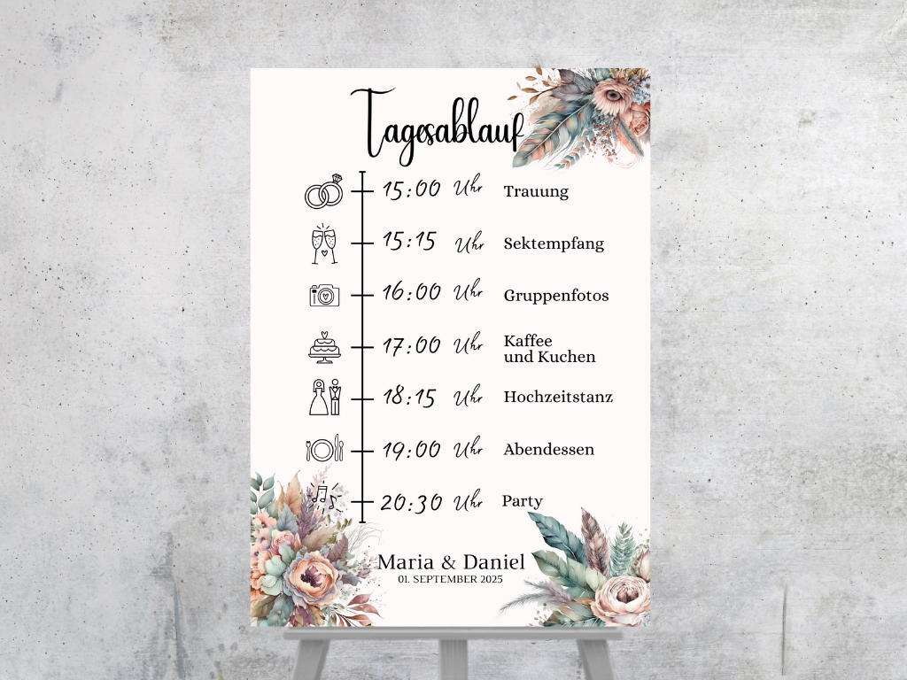 Tagesablauf für Hochzeit Leinwand, Poster . Trockenblumen , Boho Strand Hochzeit DIANA