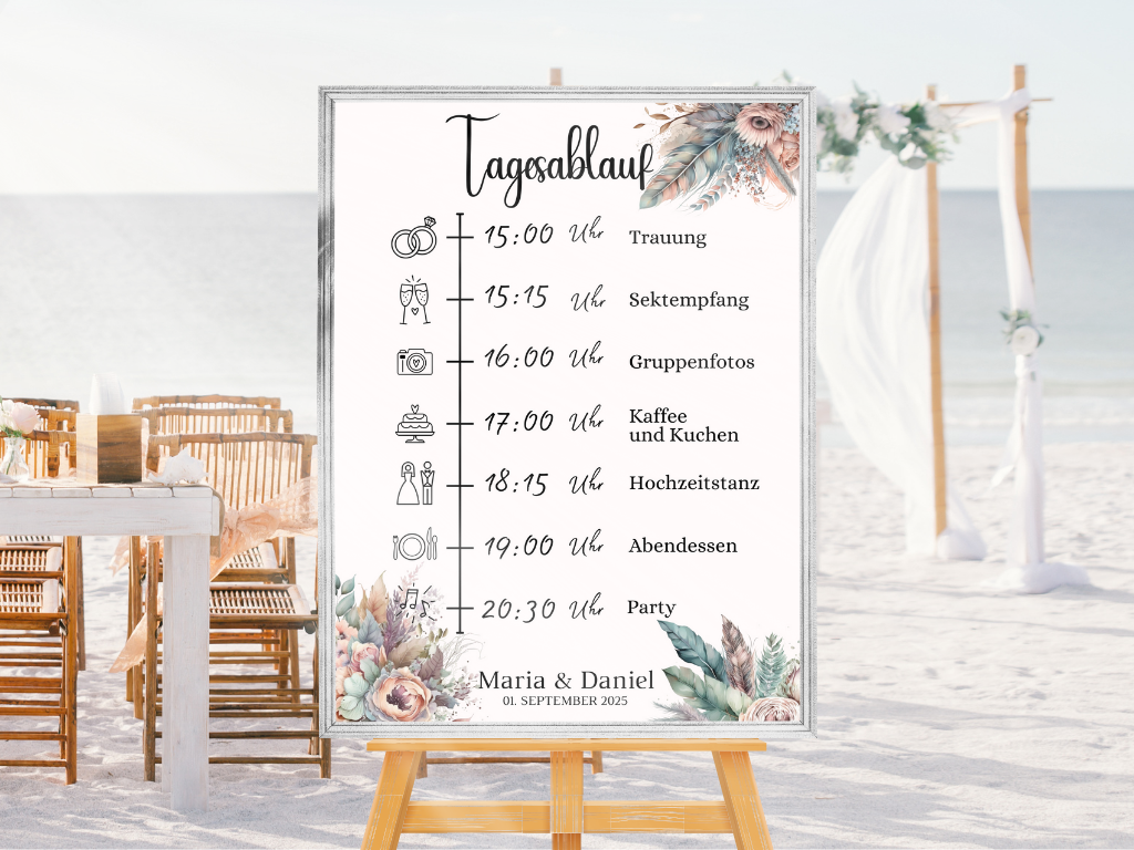 Tagesablauf für Hochzeit Leinwand, Poster . Trockenblumen , Boho Strand Hochzeit DIANA