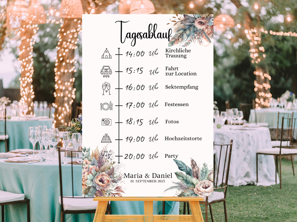 Tagesablauf für Hochzeit Leinwand, Poster . Trockenblumen , Boho Strand Hochzeit DIANA