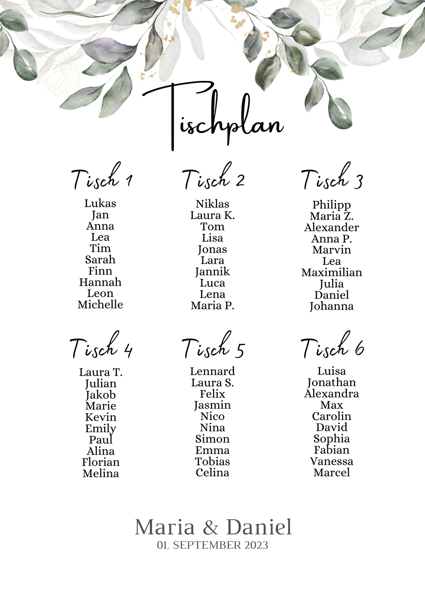 Personalisierter Hochzeits Sitzplan - Leinwand , Poster - Eukalyptus Vintage ANNA