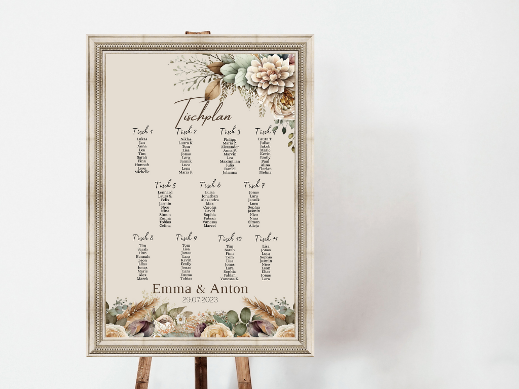 Personalisierter Hochzeits Sitzplan - Leinwand , Poster - Boho , Beige , Blumen JULIA