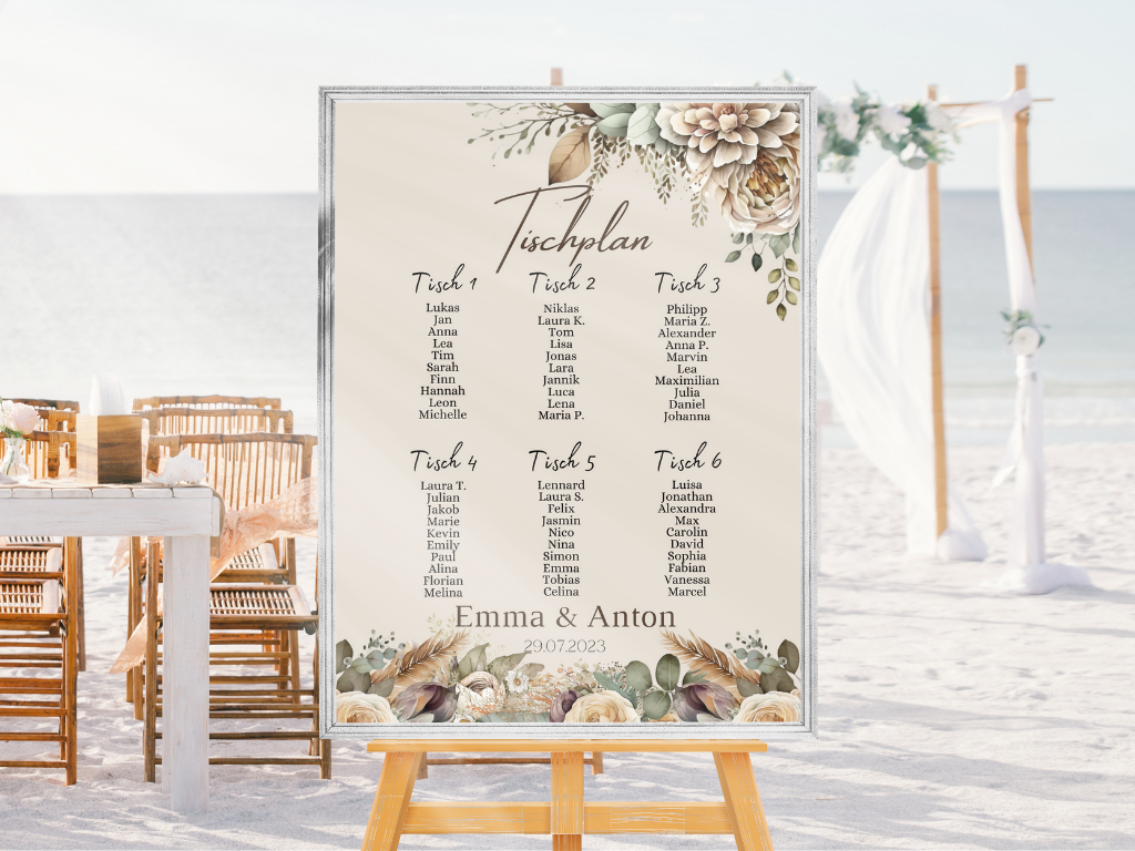 Personalisierter Hochzeits Sitzplan - Leinwand , Poster - Boho , Beige , Blumen JULIA