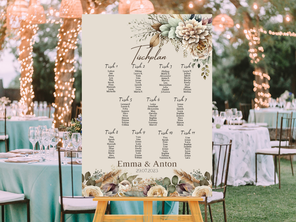 Personalisierter Hochzeits Sitzplan - Leinwand , Poster - Boho , Beige , Blumen JULIA