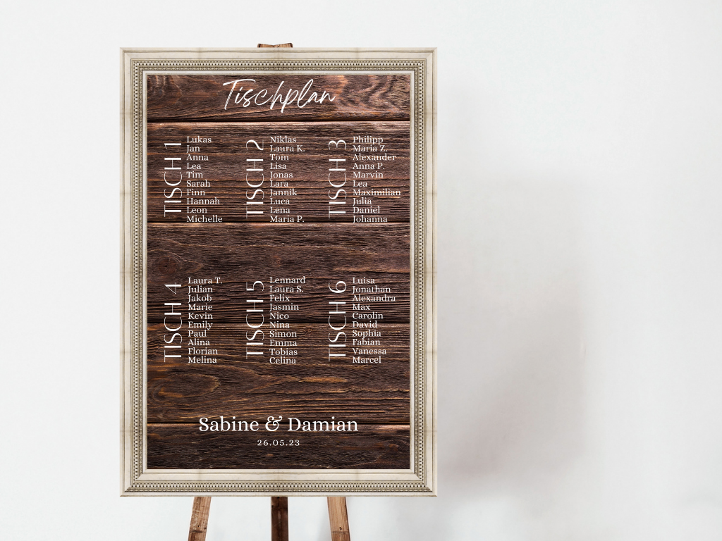 Personalisierter Hochzeits Sitzplan - Leinwand , Poster - Boho , Holzeffekt , Vintage LEONIE