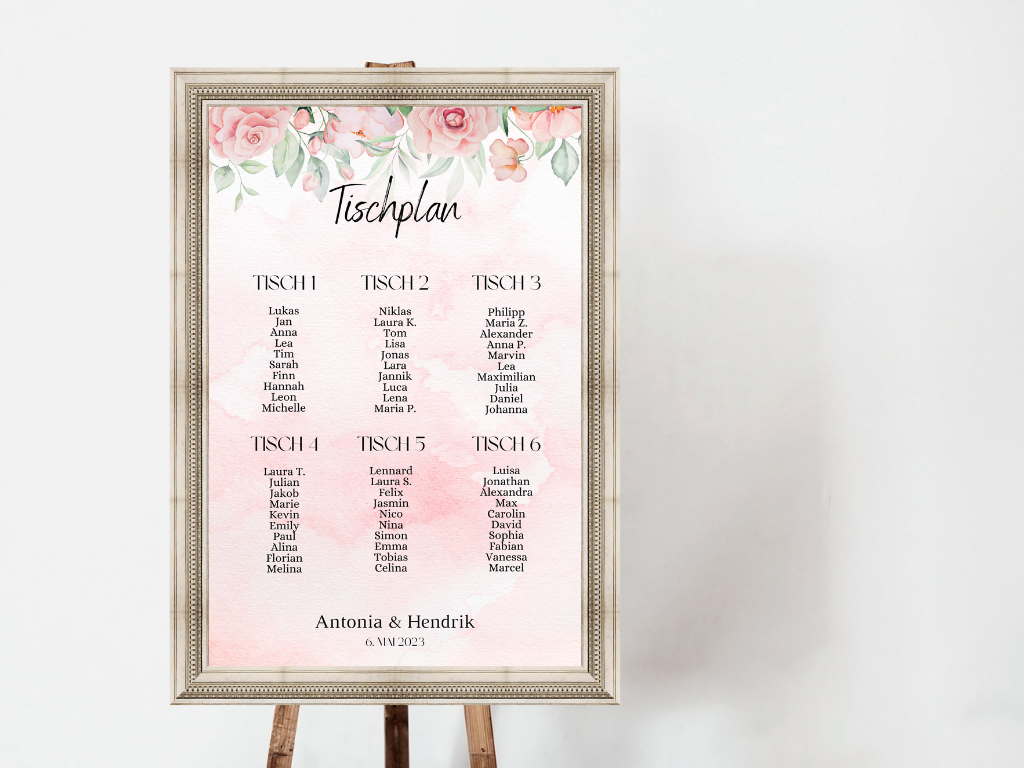 Personalisierter Hochzeits Sitzplan - Leinwand , Poster - Boho , Rosa Blumen LAURA