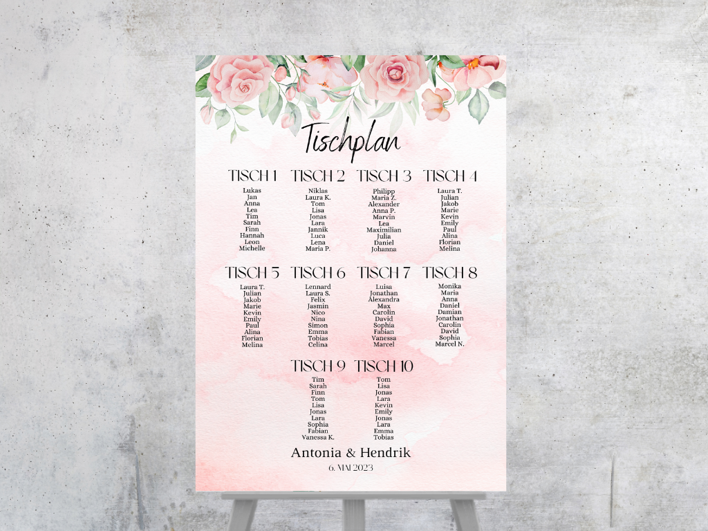 Personalisierter Hochzeits Sitzplan - Leinwand , Poster - Boho , Rosa Blumen LAURA