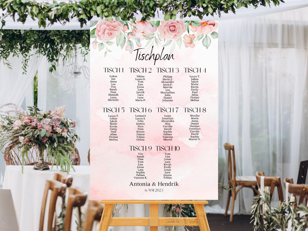 Personalisierter Hochzeits Sitzplan - Leinwand , Poster - Boho , Rosa Blumen LAURA
