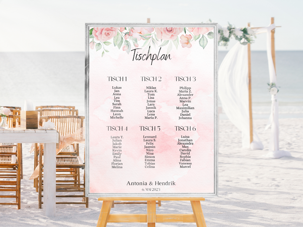 Personalisierter Hochzeits Sitzplan - Leinwand , Poster - Boho , Rosa Blumen LAURA