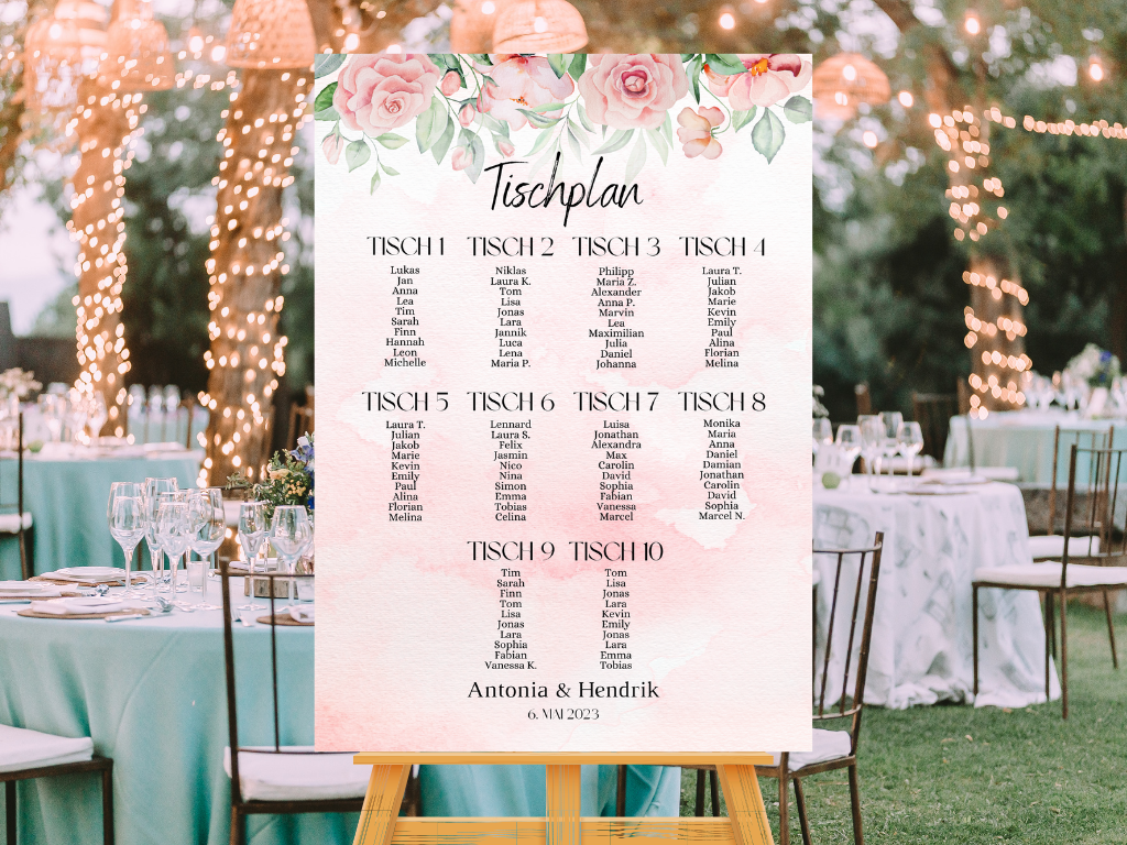 Personalisierter Hochzeits Sitzplan - Leinwand , Poster - Boho , Rosa Blumen LAURA