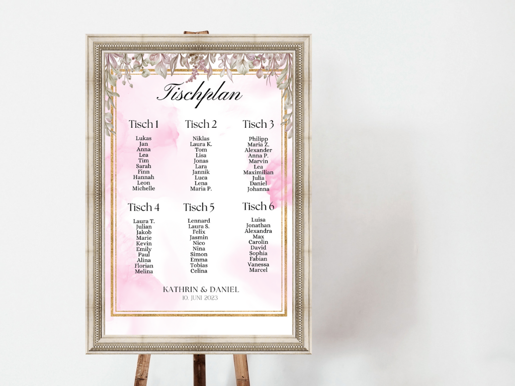 Personalisierter Hochzeits Sitzplan - Leinwand , Poster - Boho , Rosa Blumen MARTA