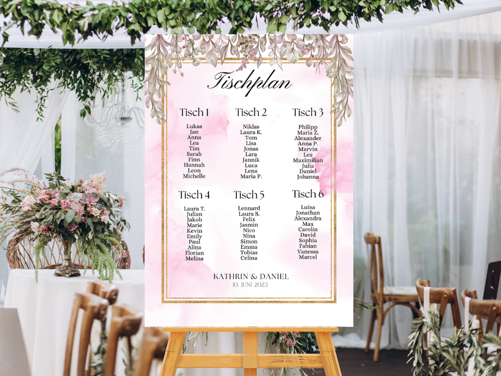 Personalisierter Hochzeits Sitzplan - Leinwand , Poster - Boho , Rosa Blumen MARTA