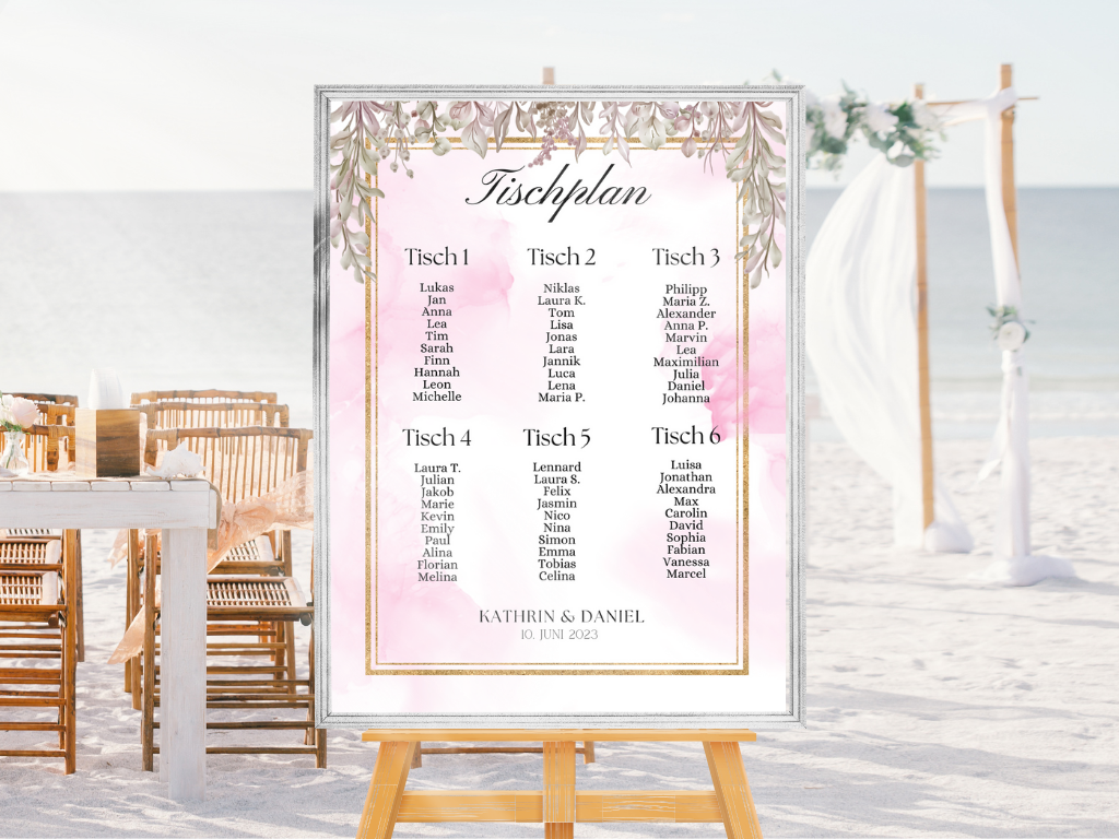 Personalisierter Hochzeits Sitzplan - Leinwand , Poster - Boho , Rosa Blumen MARTA