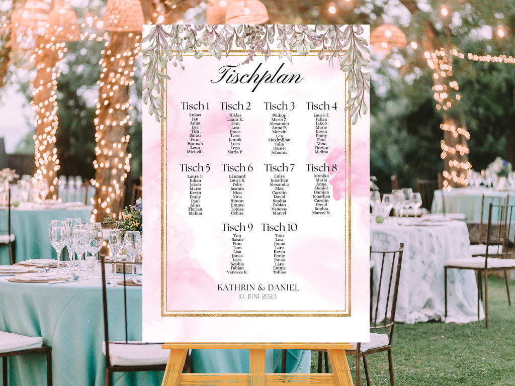 Personalisierter Hochzeits Sitzplan - Leinwand , Poster - Boho , Rosa Blumen MARTA