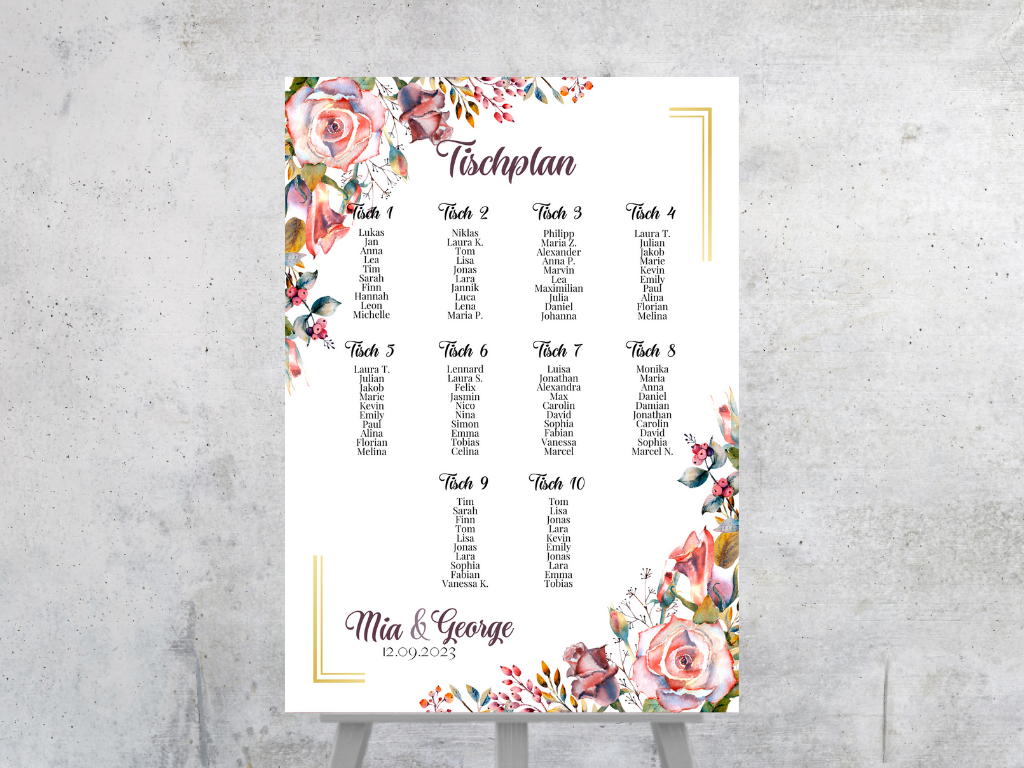 Personalisierter Hochzeits Sitzplan - Leinwand , Poster - Boho , Rosa Blumen SOPHIE