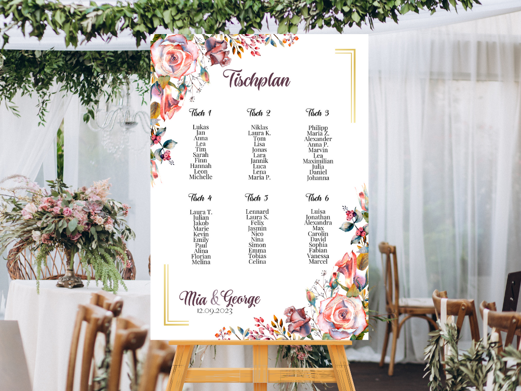 Personalisierter Hochzeits Sitzplan - Leinwand , Poster - Boho , Rosa Blumen SOPHIE