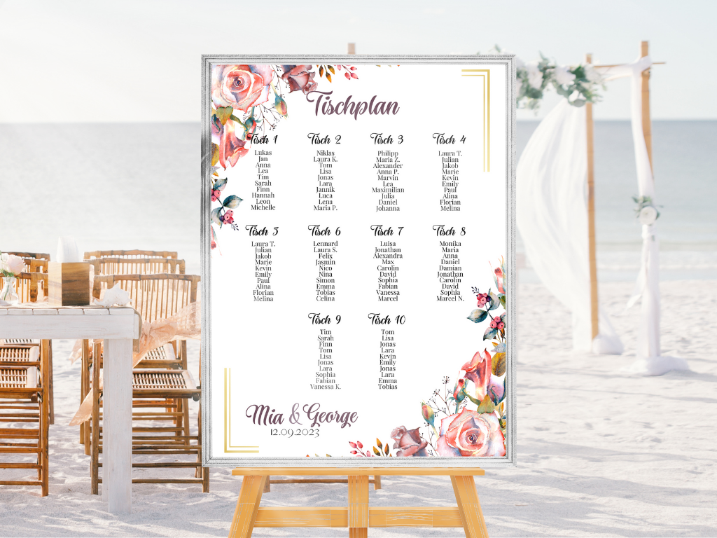 Personalisierter Hochzeits Sitzplan - Leinwand , Poster - Boho , Rosa Blumen SOPHIE