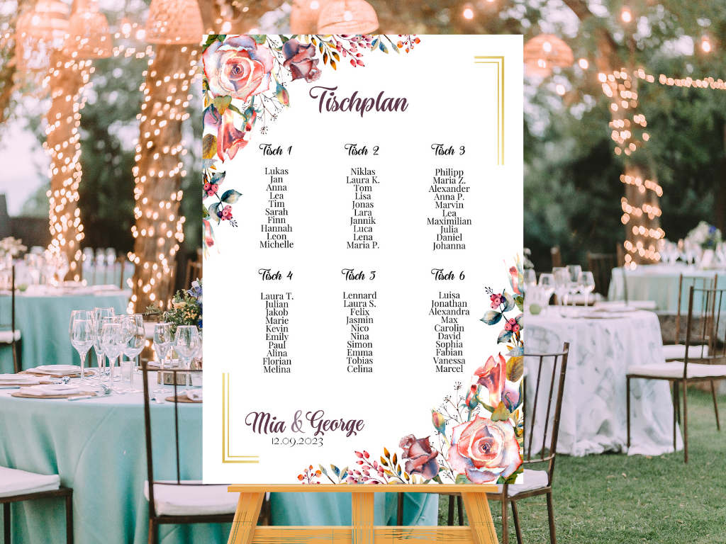 Personalisierter Hochzeits Sitzplan - Leinwand , Poster - Boho , Rosa Blumen SOPHIE