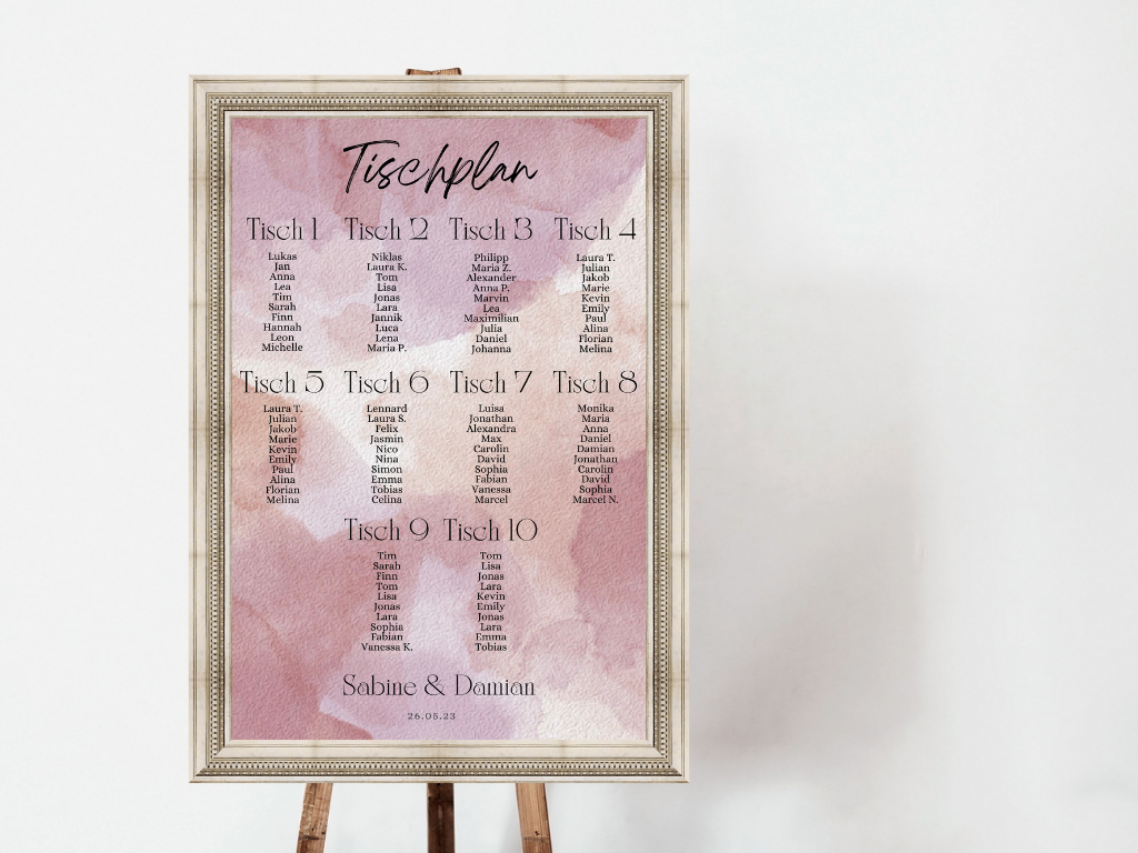 Personalisierter Hochzeits Sitzplan - Leinwand , Poster - Glamour , rosa EMILY