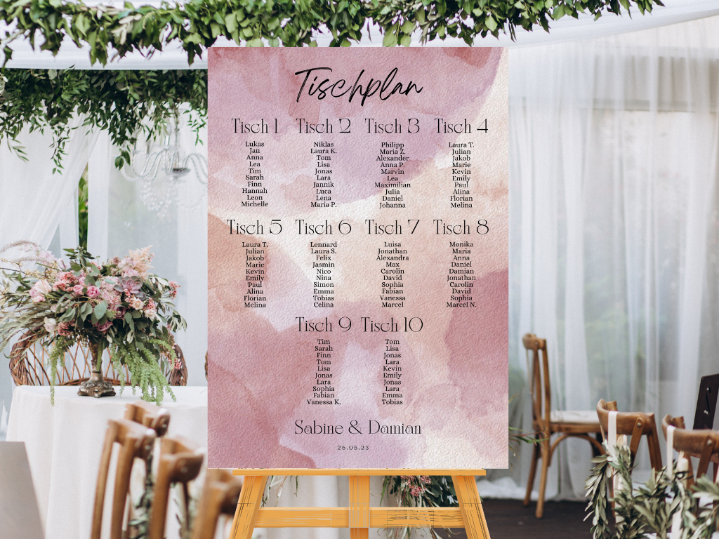Personalisierter Hochzeits Sitzplan - Leinwand , Poster - Glamour , rosa EMILY