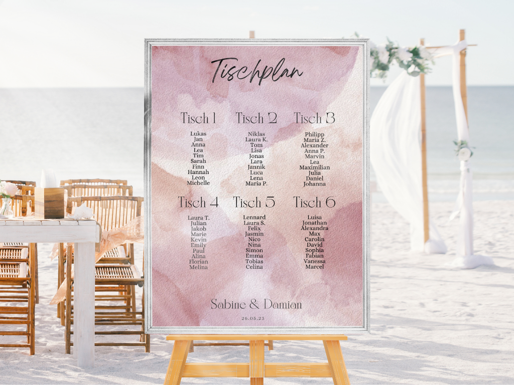 Personalisierter Hochzeits Sitzplan - Leinwand , Poster - Glamour , rosa EMILY