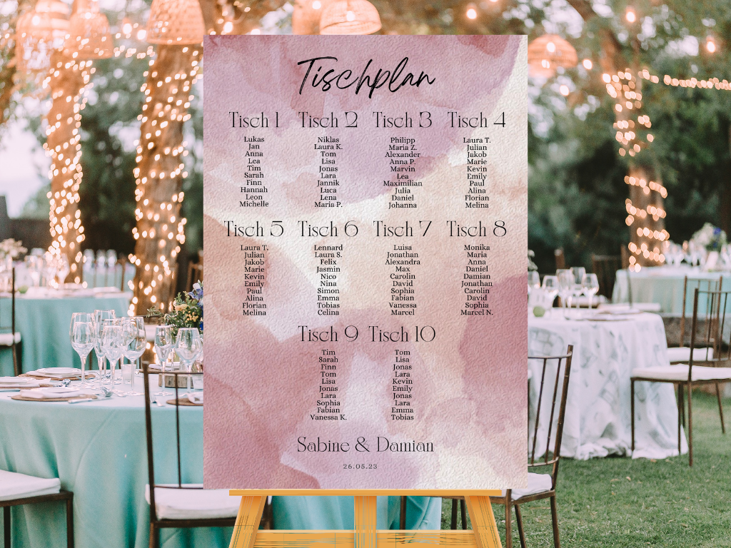 Personalisierter Hochzeits Sitzplan - Leinwand , Poster - Glamour , rosa EMILY