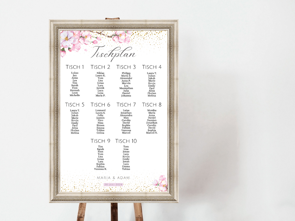 Personalisierter Hochzeits Sitzplan - Leinwand , Poster - Kirschblüten , Rosa , Vintage LEA